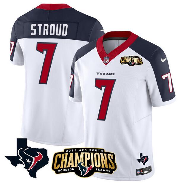 Men's Houston Texans #7 C.J. Stroud White/Navy 2023 F.U.S.E. AFC South Champions Patch And Team Logo Patch Vapor Untouchable Limited Football Stitched Jersey